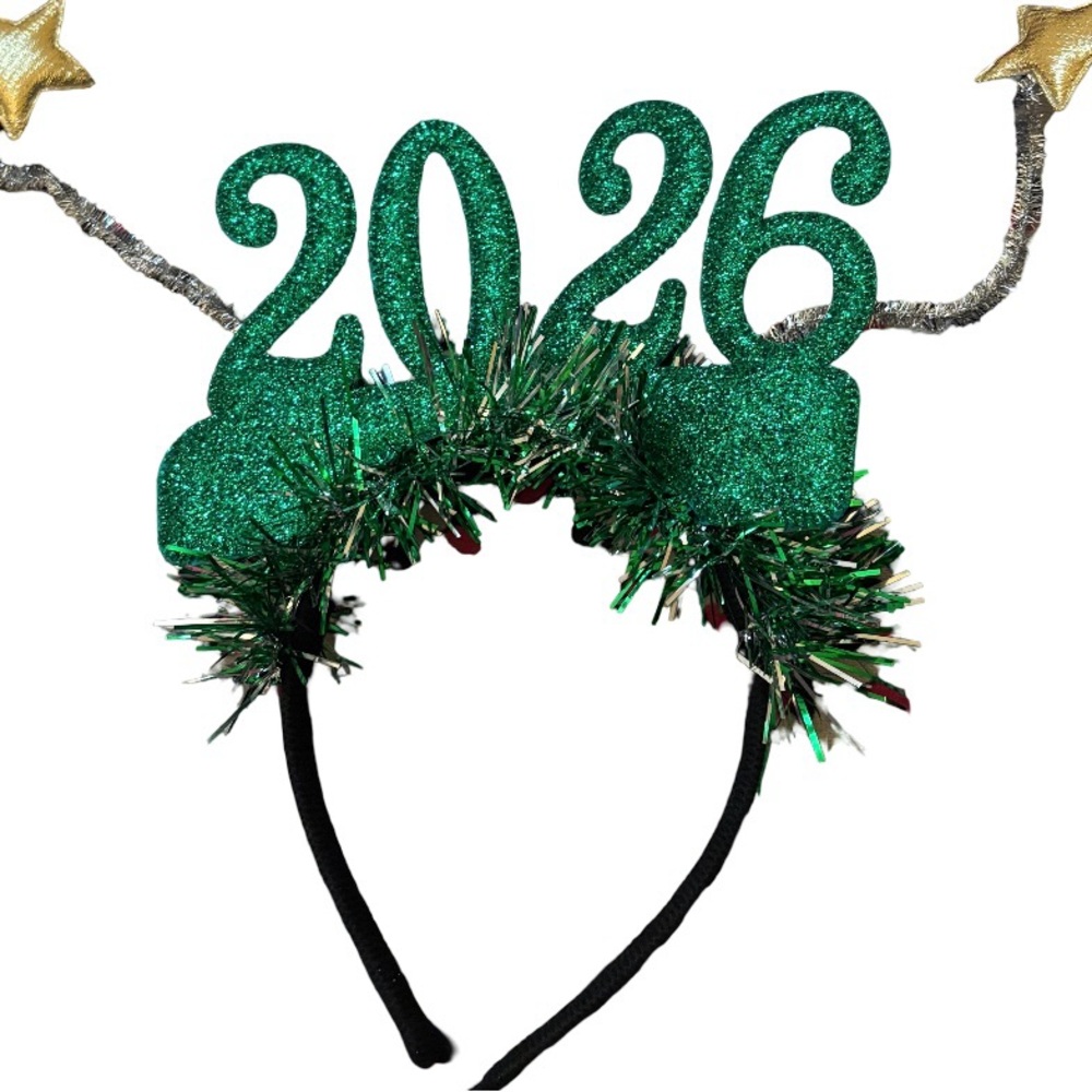 2026 Silver & Green Glitter Party Headband | New Year Celebration Hair Accessory